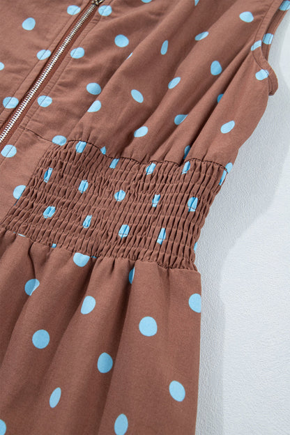 Polka Dot Zip Up V-Neck Sleeveless Dress