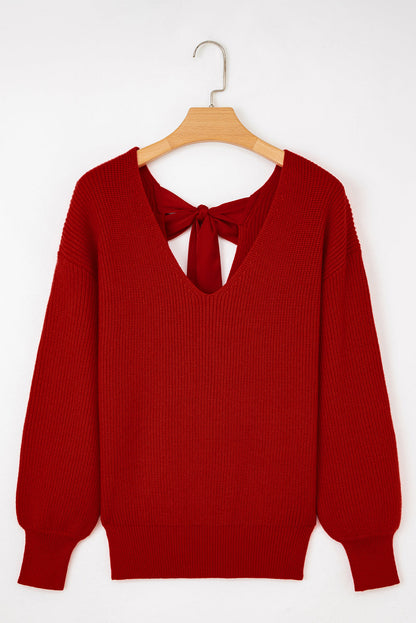 Bow Back Lantern Sleeve V-Neck Sweater