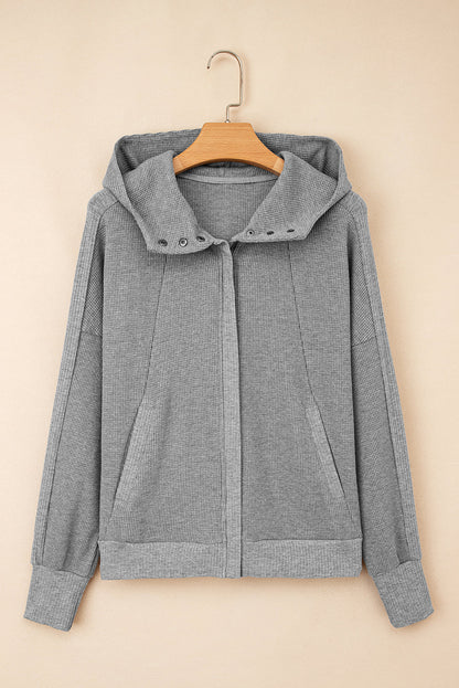 Waffle Zip Up Snap Button Hooded Jacket
