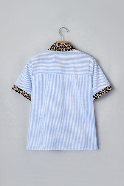 Stripe Leopard Contrast Collar Short Sleeve Shirt