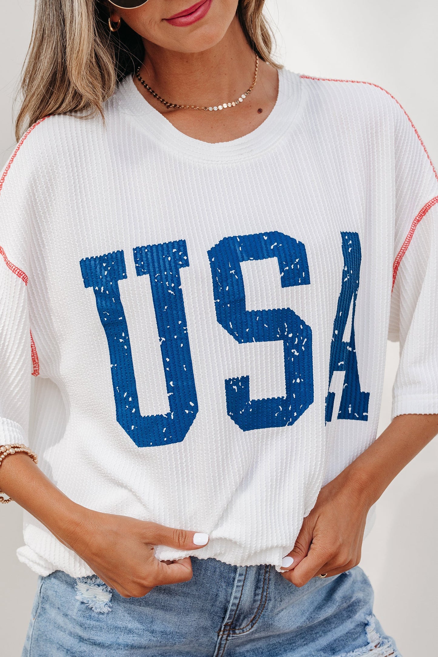 USA Corded Knit Short Sleeve Graphic Top