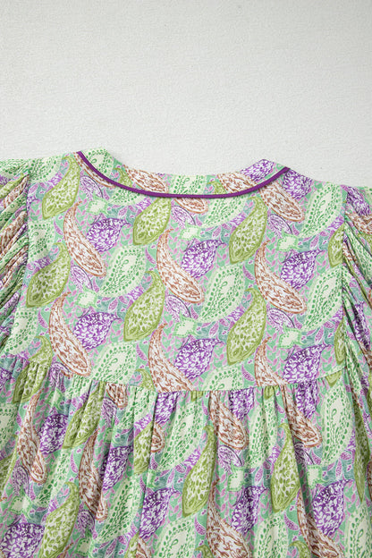 Boho Paisley Short Puff Sleeve V-Neck Blouse