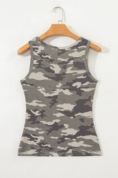 Camo Ribbed Knit Scoop Neck Tank Top