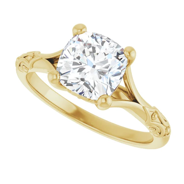 14K Yellow Gold Vintage Cushion Solitaire Ring 2CT