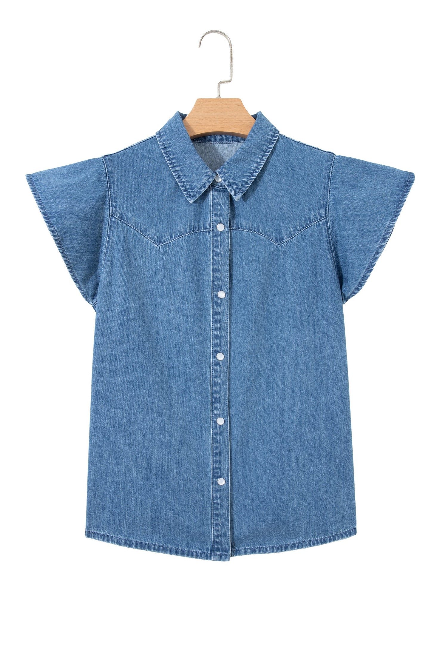 Solid Denim Ruffle Short Sleeve Buttoned Shirt