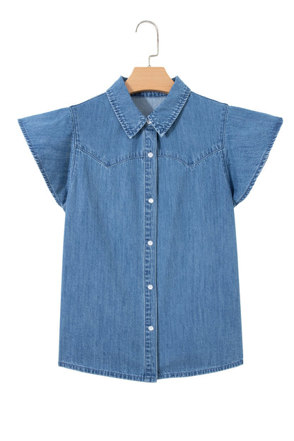 Solid Denim Ruffle Short Sleeve Buttoned Shirt