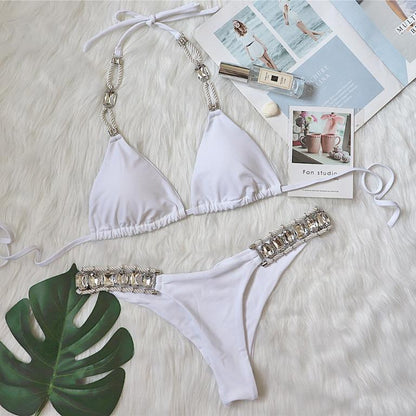 crystal diamond swimsuit in plain color with sexy backless bikini