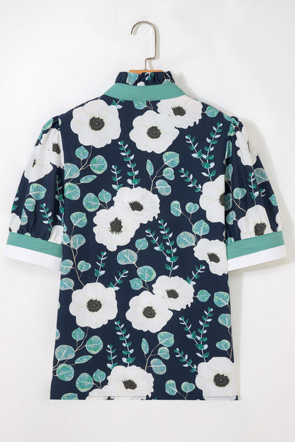 Floral Stripe Patchwork V-Neck Short Sleeve Blouse