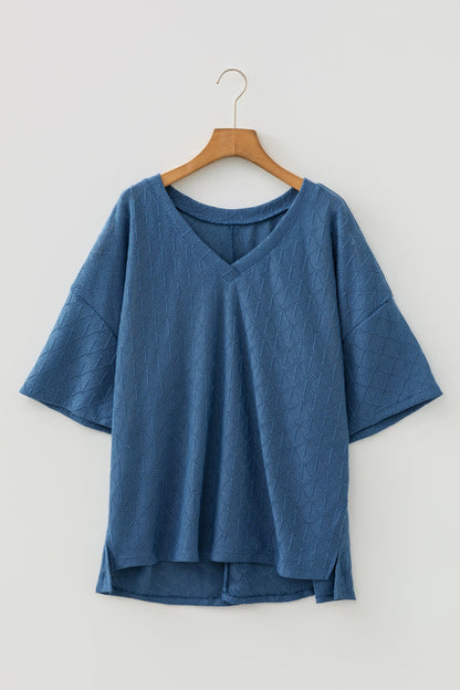 Plus Size Solid Pointelle Knit Rhombus V-Neck Top
