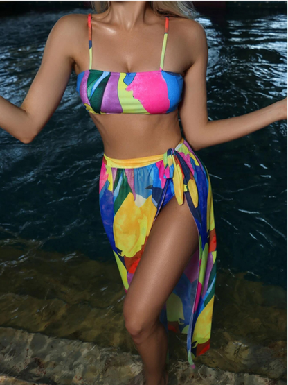 Bandeau High waist Color block Print Skirts 3 piece swimset Elegant bikini swimsuit women swimwear Women bathing suit