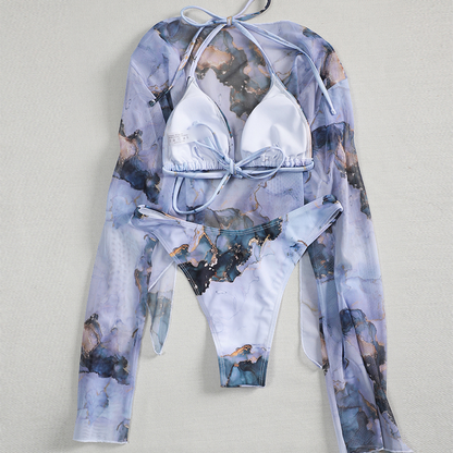 Sexy marble print bikini set 3 piece swimsuit mesh long sleeve swimsuit High cut swimwear women String halter micro bikini Beach wear