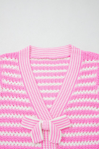 Stripe Bow Tie V-Neck Short Sleeve Sweater