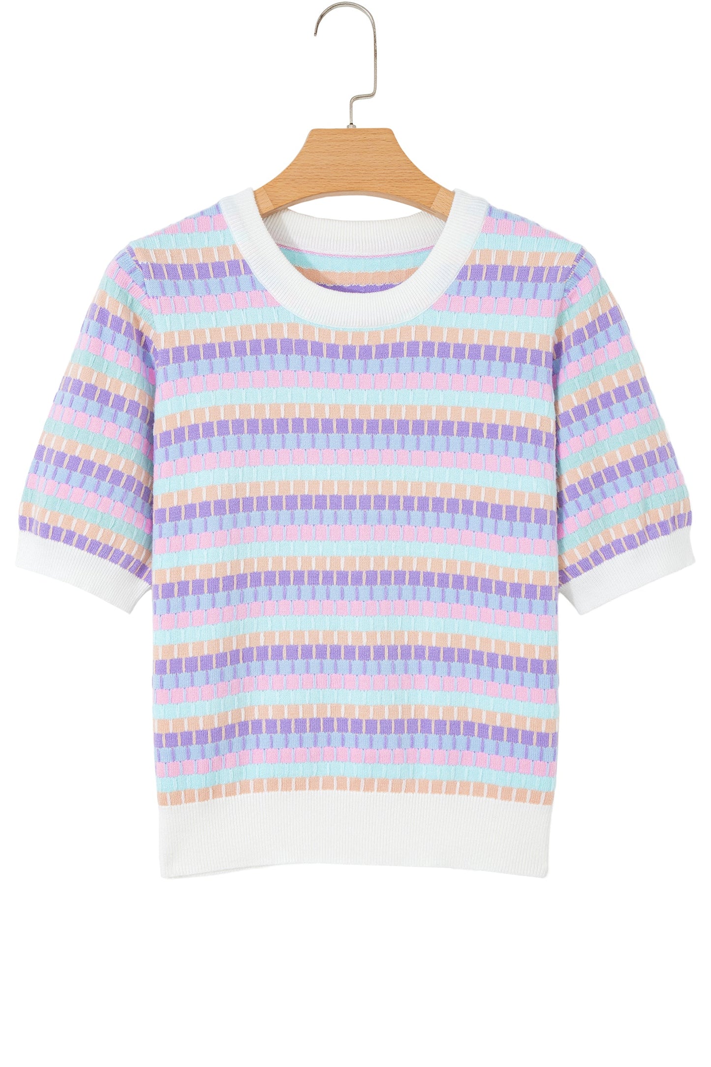 Abstract Stripe Short Sleeve Sweater Knit Top