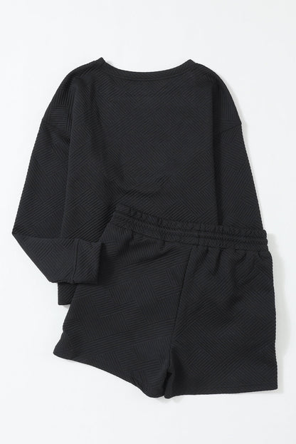 Textured Long Sleeve Top and Drawstring Shorts Set