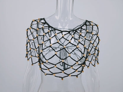 Spring Summer Seaside Holiday Hollow Out Cutout Beading Bikini Sexy Suspenders Beach Shirt