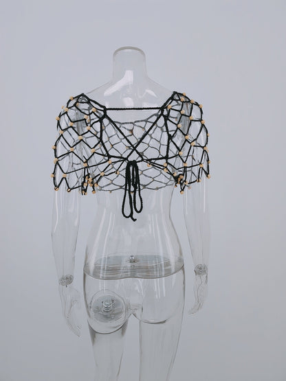 Spring Summer Seaside Holiday Hollow Out Cutout Beading Bikini Sexy Suspenders Beach Shirt