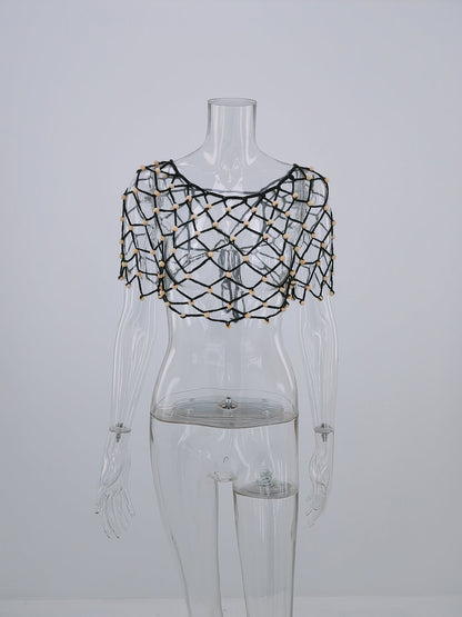 Spring Summer Seaside Holiday Hollow Out Cutout Beading Bikini Sexy Suspenders Beach Shirt