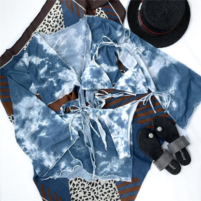 Long Sleeve Tie Dye Bikini Mesh Skirt Swimsuit Women String High Cut Swimwear Triangle Micro Bathing Suit Swimming