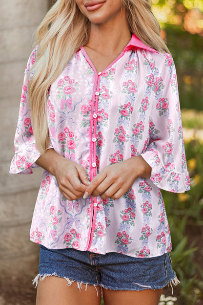 Floral Collared V-Neck Ruffle 3/4 Sleeve Shirt