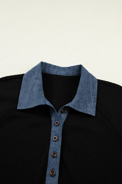 Denim Patchwork Textured Knit Polo Collar Top