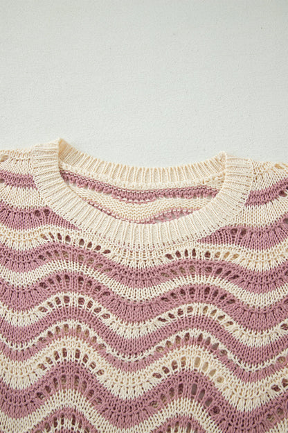 Wavy Stripe Ruffle 3/4 Sleeve Crochet Sweater