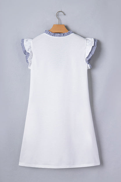 Stripe Patchwork Split Neck Ruffle Trim Sleeveless Dress