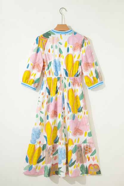 Floral Stripe Trim V-Neck Midi Dress