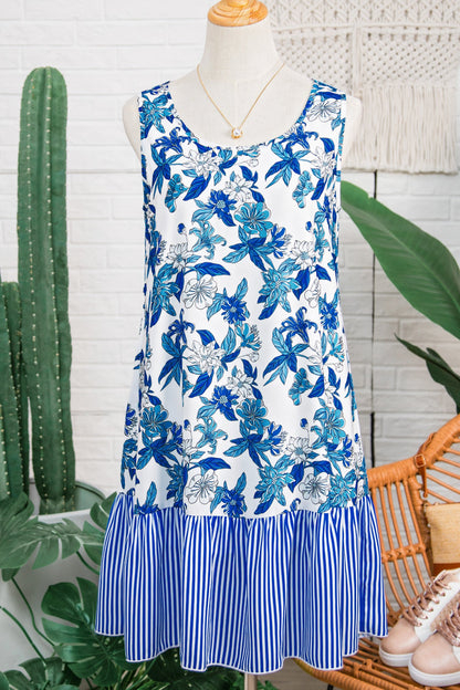 Floral Stripe Patchwork Sleeveless Ruffle Hem Dress