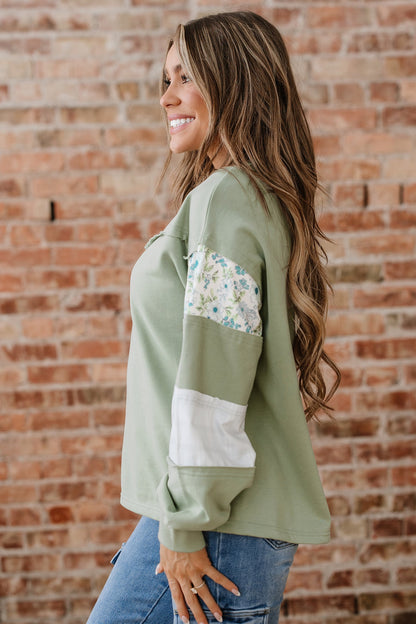 Floral Plaid Patchwork Sleeve French Terry Top