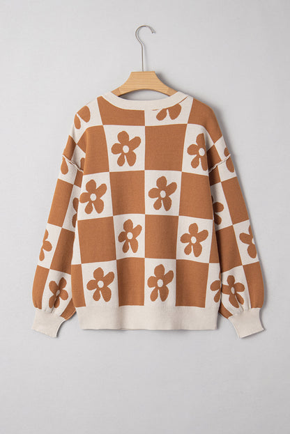 Flower Checker Henley Baggy Sweater