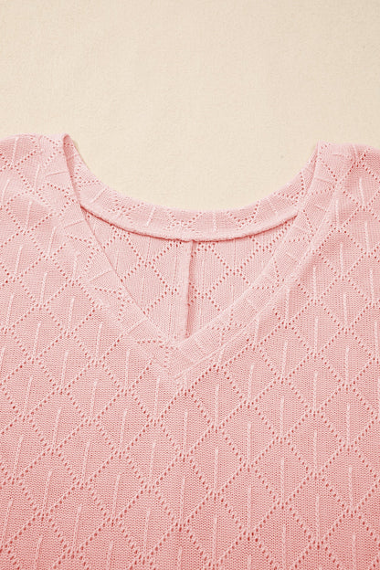Plus Size Solid Pointelle Knit Rhombus V-Neck Top