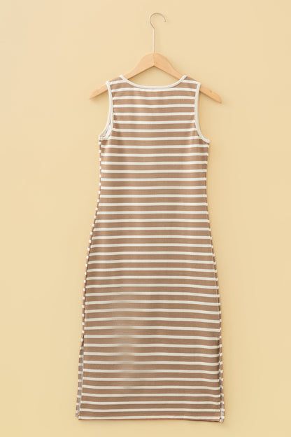Stripe Tie V-Neck Sleeveless Midi Dress