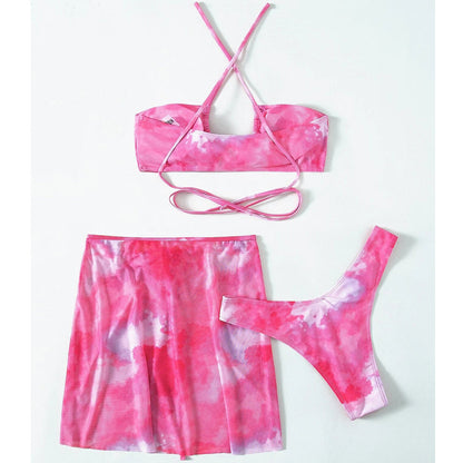 3 pieces mesh skirt swimwear Tie dye bikini Hollow Out Cutout out bandeau swimsuit women swimming suit String bathing suit Beachwear