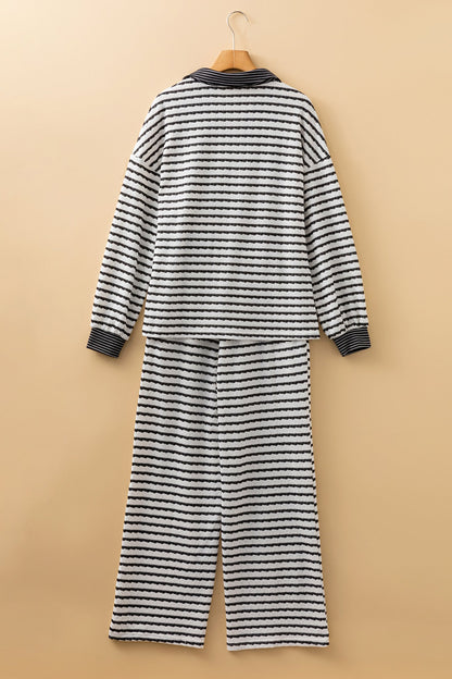 Stripe Collared Top and Drawstring Pants Set