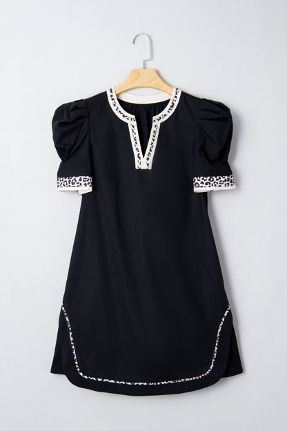 Leopard Trim Short Puff Sleeve Mini Dress