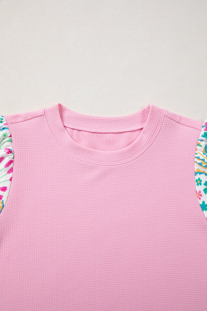 Floral Patchwork Bubble Sleeve Textured Blouse