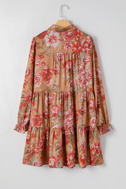 Floral Half-Button Long Sleeve Ruffle Mini Dress