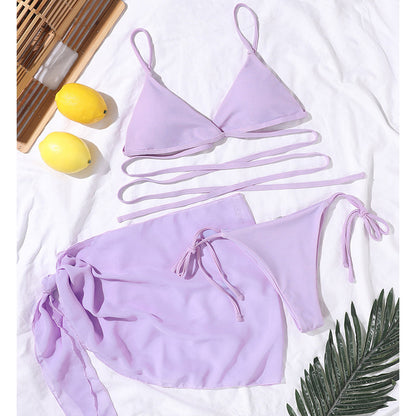 Sexy solid triangle bikini set 3 pieces mesh skirt swimsuit women String lace up swimming suit High cut swimwear Women