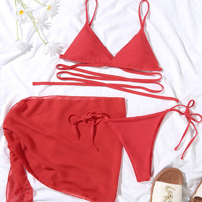 Sexy solid triangle bikini set 3 pieces mesh skirt swimsuit women String lace up swimming suit High cut swimwear Women