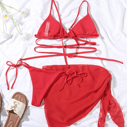 Sexy solid triangle bikini set 3 pieces mesh skirt swimsuit women String lace up swimming suit High cut swimwear Women