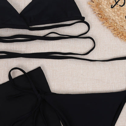 Sexy solid triangle bikini set 3 pieces mesh skirt swimsuit women String lace up swimming suit High cut swimwear Women