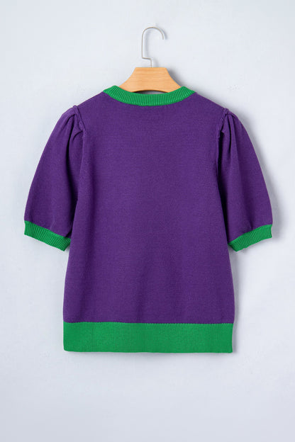 Mardi Gras Tinsel Embroidered Short Sleeve Sweater