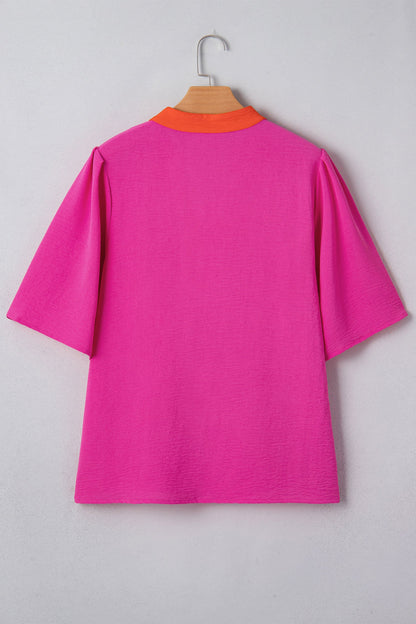 Colorblock Contrast V-Neck Wide Short Sleeve Top