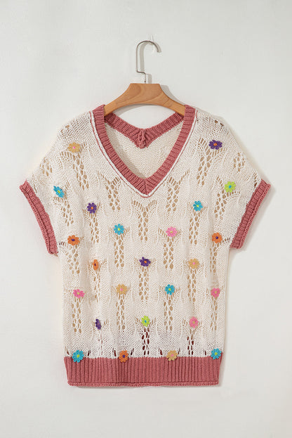 Flower Embroidered Colorblock Edge Hollowed Sweater