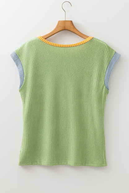 Colorblock Corded Knit Crew Neck Tee