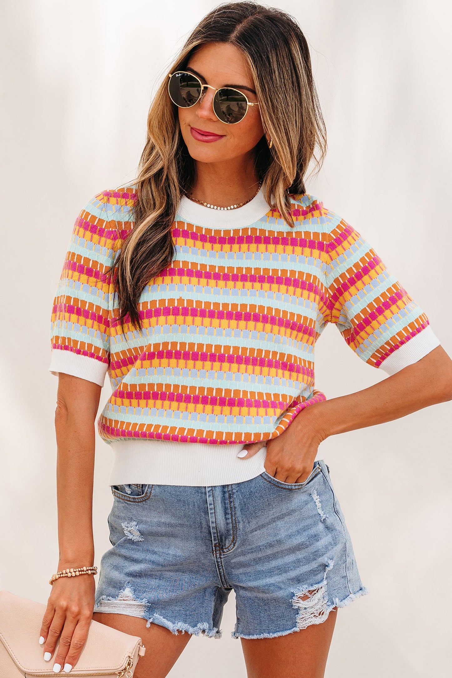 Abstract Stripe Short Sleeve Sweater Knit Top
