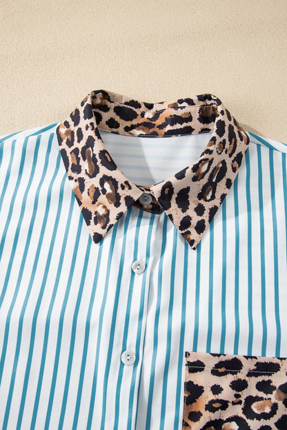 Leopard Patchwork Stripe Shirt Dress with Slits