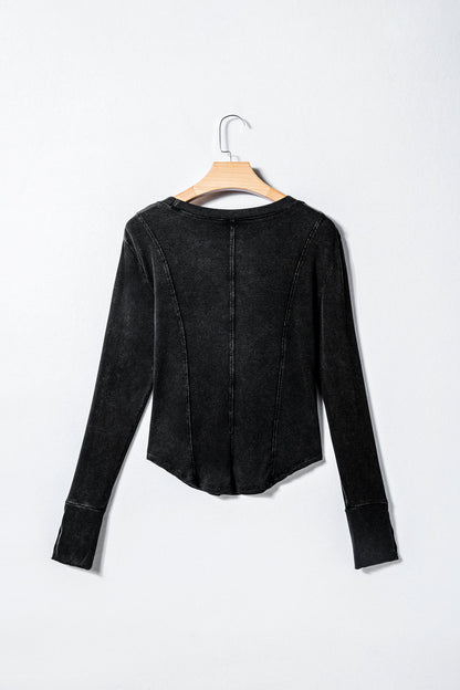 Solid Ribbed Knit Buttoned Long Sleeve Top