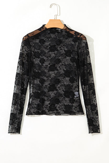 Floral Lace Sheer Mesh Long Sleeve Top