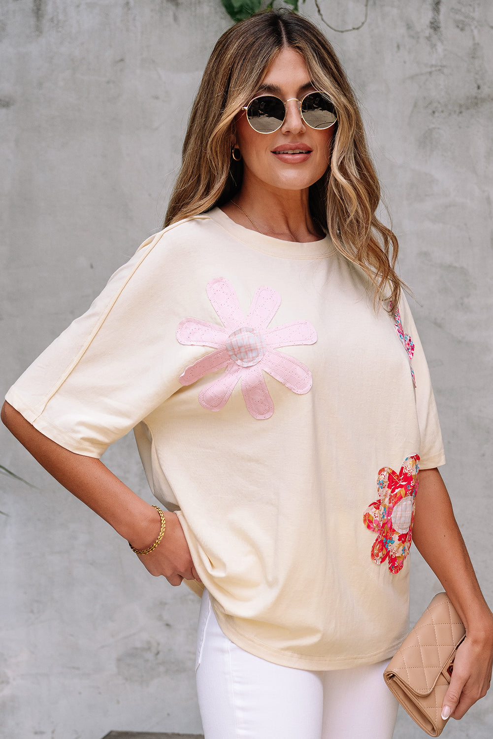Floral Patch Exposed Stitching Crew Neck Tee